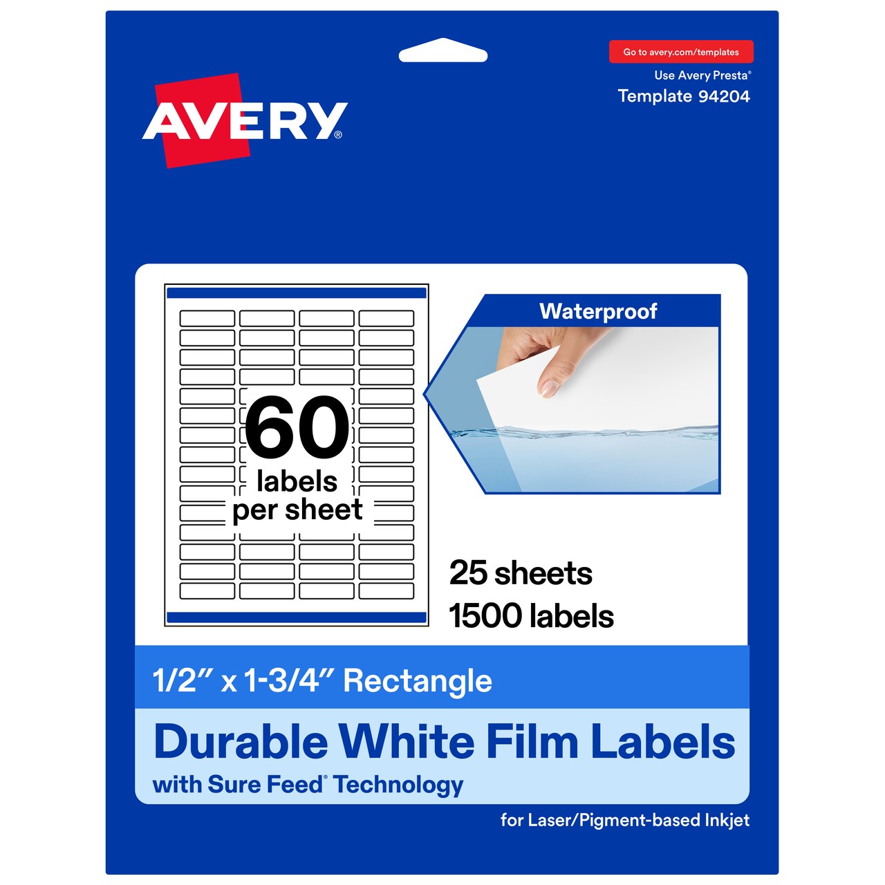 Avery Durable Waterproof Rectangle Labels with Sure Feed, .5" x 1.75"